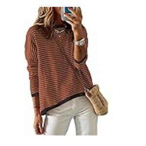 Women's Long Sleeve Crewneck Sweater, Brown Striped Color Block - Size L